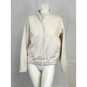 [304] Jacket Womens S White Fleece Snap Front Elastic Hem Casual Jacket
